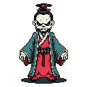 A pale, imposing figure in traditional East Asian attire with piercing red eyes stands ominously against a black void. The character's stern expression and dark color palette evoke a sense of mystery and foreboding.