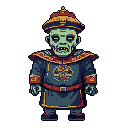 This pixel art depicts a stylized, zombie-like figure in traditional Chinese attire, possibly a Jiangshi, blending historical homage with macabre fantasy. The unsettling character, adorned in intricate robes, stands out against a stark black background, creating a unique blend of aged grandeur and decay.