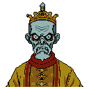 This pixel art portrait depicts a gaunt, bluish-grey figure, possibly undead royalty, adorned with a golden crown and stern expression. The ominous character, with piercing white eyes rimmed in red, exudes an air of ancient power and foreboding.