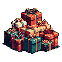 A meticulously crafted pixel art image presents a joyful pile of wrapped gifts in festive reds and teals, evoking the excitement of a holiday celebration. The detailed shading and sparkling accents on each box create a warm, inviting scene of generosity and anticipation.