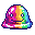 A cheerful, rainbow-colored slime creature smiles sweetly against a stark black background. This pixel art blob features vibrant hues and glossy highlights, giving it a playful and endearing appearance.