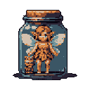 A pixelated fairy with translucent wings is trapped inside a glass jar, its contemplative expression hinting at a bittersweet existence. The minimalist color palette and isolated setting evoke a sense of quiet melancholy and whimsical captivity.