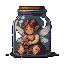 A melancholic pixel art piece depicts a small, winged fairy trapped within a sealed glass jar, clutching a tiny seed. The image evokes a sense of sadness and confinement through its somber expression and muted color palette.