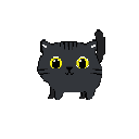 This pixel art features a cute and friendly gray cat with bright yellow eyes, standing alert against a black background. Its simple, endearing design evokes warmth and playfulness.
