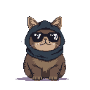 This pixel art features a cool cat sporting oversized sunglasses and a dark hood, exuding a nonchalant vibe. The brown and tan tabby sits centered against a dark backdrop, its humorous look emphasized by a small, lavender shadow.
