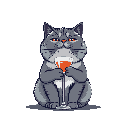 A grumpy gray cat delicately holds a wine glass filled with a light orange liquid, creating a humorous yet slightly melancholic pixel art portrait. This sophisticated feline seems unimpressed with its drink, set against a stark black background.