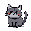 A pixelated gray tabby cat sits with a sad expression, its large eyes conveying a sense of melancholy and cuteness. The muted, monochromatic palette highlights the cat's gentle posture and down-turned mouth.