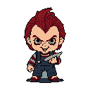 This pixel art depicts a chibi-style Chucky, the killer doll, with a sinister grin and a menacing knife. The image blends cute aesthetics with a recognizable villainous nature, creating a nostalgic horror vibe.