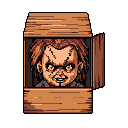 This pixel art depicts a menacing Chucky doll head peering from a partially opened wooden box, its stitched face and wide grin creating an ominous and creepy atmosphere. The retro style adds a chilling nostalgia to the iconic horror figure.