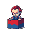 This pixel art shows a menacing, grinning Chucky bursting from a red and blue jack-in-the-box. The vibrant colors and detailed style amplify the creepy yet playful horror of this iconic character.