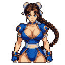 This pixel art portrait captures Chun-Li in an alternate costume, her determined expression and dynamic pose radiating classic fighting game energy. Rendered in vibrant blues and warm tones against a stark background, the image showcases the character's iconic strength and poise.