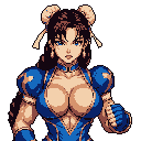 This pixel art portrait showcases a determined female fighter, poised and ready for action with her intense gaze and clenched fist. Her striking blue attire and detailed shading evoke a classic arcade vibe.
