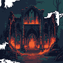 A ruined gothic building is consumed by a raging fire in this dramatic pixel art scene. The intense flames highlight the structure's ornate details even as it crumbles, creating an ominous and apocalyptic atmosphere.