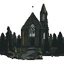 This pixel art depicts a solitary, dilapidated gothic church shrouded in a dark, dense forest. The building's broken windows and muted colors evoke a sense of mystery, desolation, and forgotten history.