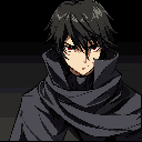 A pixel art portrait captures a mysterious man with intense red eyes and disheveled black hair, cloaked in dark attire. His serious expression and the muted color palette create an ominous and captivating image.