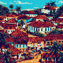 A charming pixel art townscape showcases red-roofed buildings cascading down a gentle slope, evoking a sunny Mediterranean village. Palm trees peek amongst the tightly packed structures, set against a light blue sky.