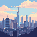 A pixelated cityscape showcases a tranquil skyline of blue and purple buildings, with a prominent central spire reaching towards a soft, pastel-colored sky. The scene evokes a peaceful, nostalgic atmosphere reminiscent of dawn or dusk.