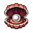 A pixel art seashell, rendered in warm reddish-brown hues, is shown open to reveal a luminous pearl within. The simple yet elegant depiction captures the natural wonder of a hidden treasure.