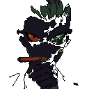 This pixel art portrait captures an intense, shadowy figure with mismatched glowing eyes – one red, one green – and a dark, rebellious edge. Holding a small cylindrical object in his mouth, the character exudes a mysterious and slightly ominous aura.