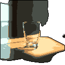 A single, empty glass sits bathed in light in this pixel art still life, its simple presence evoking a quiet, introspective mood. The interplay of light and shadow creates a sense of realism within the retro aesthetic.