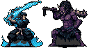 A pixel art image depicts a fierce battle between a determined swordsman, wielding an electric blue energy blade, and a formidable, purple-skinned monster. The warrior's dynamic pose contrasts with the monster's braced stance, creating a tense moment of confrontation against a stark background.