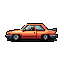 This pixel art showcases a modified, orange and grey sedan with negative camber, rendered in a nostalgic style. The isolated vehicle stands out with subtle details and a classic feel.