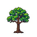 A solitary, vibrant deciduous tree rendered in pixel art stands tall against a stark black backdrop. Earthy browns and lush greens define the tree's form, creating a serene yet nostalgic image.