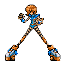A pixelated, anime-inspired character with vibrant orange hair and a blue outfit strikes a dynamic pose on chunky roller skates. Her exaggerated, spindly limbs and determined expression convey energy and a rebellious spirit. The stark black background emphasizes her striking design.