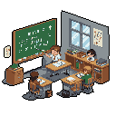 This pixel art depicts a teacher instructing three students in a classic classroom setting, complete with a blackboard covered in chalk equations. The isometric view and muted colors evoke a nostalgic educational atmosphere.