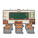 Pixel art depicts a classic, empty classroom with rows of student desks and a blackboard featuring faint chalk markings. The scene evokes a sense of quiet anticipation and nostalgia.