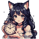 A cute, anime-inspired catgirl gently presents an antique alarm clock, her soft expression and muted colors creating a wistful, nostalgic vibe.