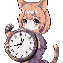 A cute, chibi-style cat girl gently holds a large clock displaying 10:10, her innocent gaze and soft color palette creating a whimsical and peaceful scene.