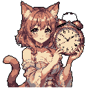 This pixel art portrait features an adorable cat-girl holding a classic alarm clock. Her warm expression and ruffled dress against the black background create a charming, nostalgic feel.