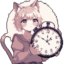 A charming pixel art bust shows a shy cat-girl holding a vintage alarm clock set for almost 10 o'clock. The monochromatic pink and purple palette, paired with a soft glow, creates a dreamy and nostalgic feel.