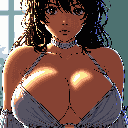This pixel art portrait features a serene dark-skinned woman with flowing hair, illuminated by a warm, backlighting that highlights her elegant halter-neck dress and choker. The artwork captures her contemplative gaze and the soft details of her shimmering attire.