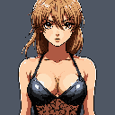 This pixel art portrait captures a young woman in a dark, lacy garment, her large, expressive eyes conveying a hint of surprise or pensiveness. The classic game-inspired style and subtle details create a nostalgic and intimate feel.