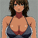 This pixel art portrait captures a dark-skinned woman with an ambiguous expression, her slightly parted lips and direct gaze creating an intimate yet observational feel. The bust-up composition focuses on her features and muted color palette, highlighting her warm skin tones.