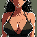 This pixel art portrait features a confident, dark-skinned woman with a striking silhouette and a neutral expression. The focus is on her upper body, highlighting her defined features and dark clothing, set against a simple backdrop.