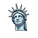 This pixel art portrait captures the iconic Statue of Liberty's head in striking detail, rendered in cool blue-greys against a stark black background. The close-up framing and dignified gaze evoke a sense of national symbolism and enduring freedom.
