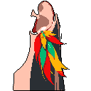 A pixel art figure with a dark body is adorned with a vibrant cascade of red, green, and yellow feathers. The image evokes a sense of cultural adornment and striking contrast against the black backdrop.