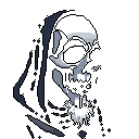 A hooded skull, rendered in stark black and white pixel art, gazes ominously into the distance, evoking a chilling sense of mortality and the unknown. The simple design and shadowy cowl amplify the macabre vibe.