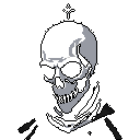 This minimalist pixel art depicts a somber skull with bared teeth, set against a stark black backdrop. The monochromatic image features a hint of a dark robe and a small, ethereal star above the cranium, creating a macabre and ominous vibe.