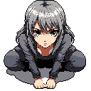 A young woman with large, captivating eyes stares upwards in this pixel art, her squatting pose and muted color palette creating an introspective and slightly melancholic yet endearing portrait.