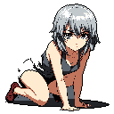 This pixel art depicts a young person kneeling and leaning forward, gazing directly at the viewer with a hesitant expression. Rendered in muted tones against a black void, the image evokes a sense of quiet contemplation and vulnerability.