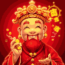 This pixel art portrait depicts a smiling Caishen, the Chinese god of wealth, in vibrant red and gold, promising prosperity. He holds gold coins and is surrounded by auspicious symbols, creating a celebratory and joyful atmosphere.