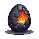 A volcanic rock egg, cracked to reveal a fiery core, glows with intense energy, hinting at a powerful being ready to hatch. The pixel art captures a fantastical scene with a striking contrast between the dark shell and the vibrant flames within.