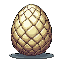 This pixel art showcases an ornate, scaled dragon egg rendered in warm golds and browns, radiating dormant power and a sense of ancient mystery. Isolated against a black backdrop, the egg's intricate details and subtle shading create a captivating focal point. It evokes the feeling of a rare treasure or a powerful artifact.