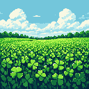 This vibrant pixel art captures a serene field of four-leaf clovers stretching towards the horizon under a partly cloudy sky. The scene evokes a peaceful, lucky feeling with its detailed clover rendering and refreshing color palette.