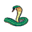 This pixel art image features a striking cobra in a classic video game style, its flared hood and open mouth radiating both danger and retro charm. Poised against a stark black background, the vibrant green snake evokes a sense of alertness and nostalgic simplicity.