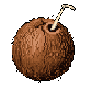 A refreshing pixel art image showcases a textured coconut, complete with a white straw, against a stark black backdrop. The earthy color palette and simple design evoke a tropical vibe.